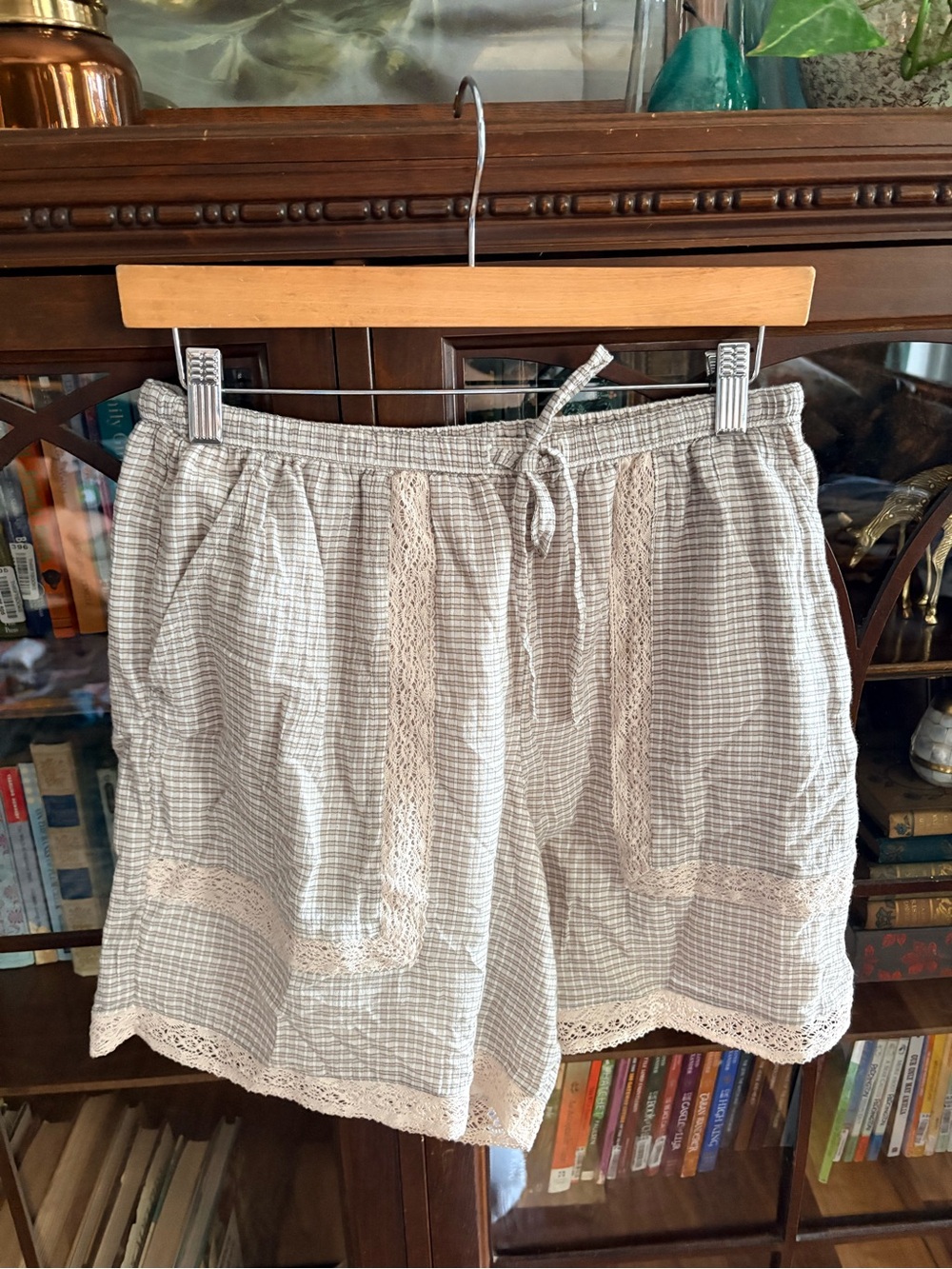 Aerie Plaid Lace Inset High Waisted Cotton Shorts